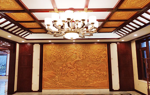 烟台中式别墅客厅中式木作横梁吊顶装饰展示